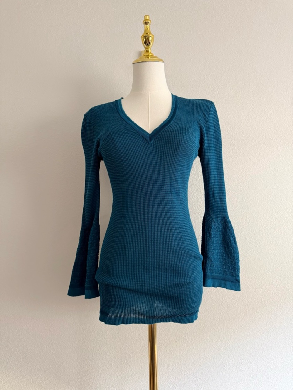 Missoni teal waffle knit deep V flared bell sleeve sweater top Sz S